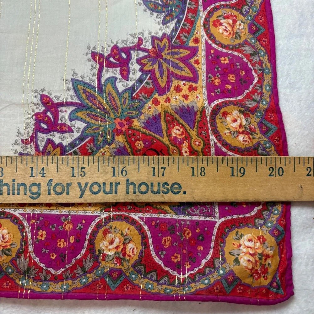 VTG DIOR Scarf Handkerchief Floral Paisley Metallic Stripe Cotton Pink Cream 20